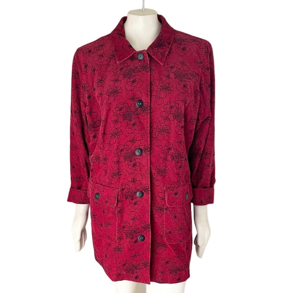 VTG 90s DENIM&CO Oversized Corduroy Barn Coat  Floral Red Black  SZ L